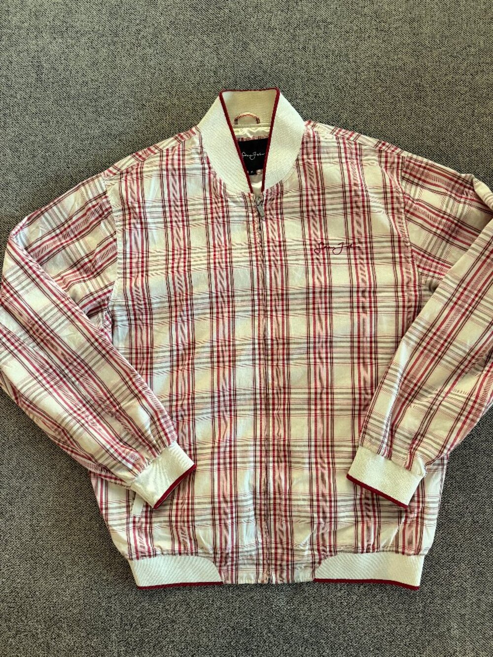 Sean John Men's XL Plaid Bomber Jacket Cream Burgundy Full Zip Y2K